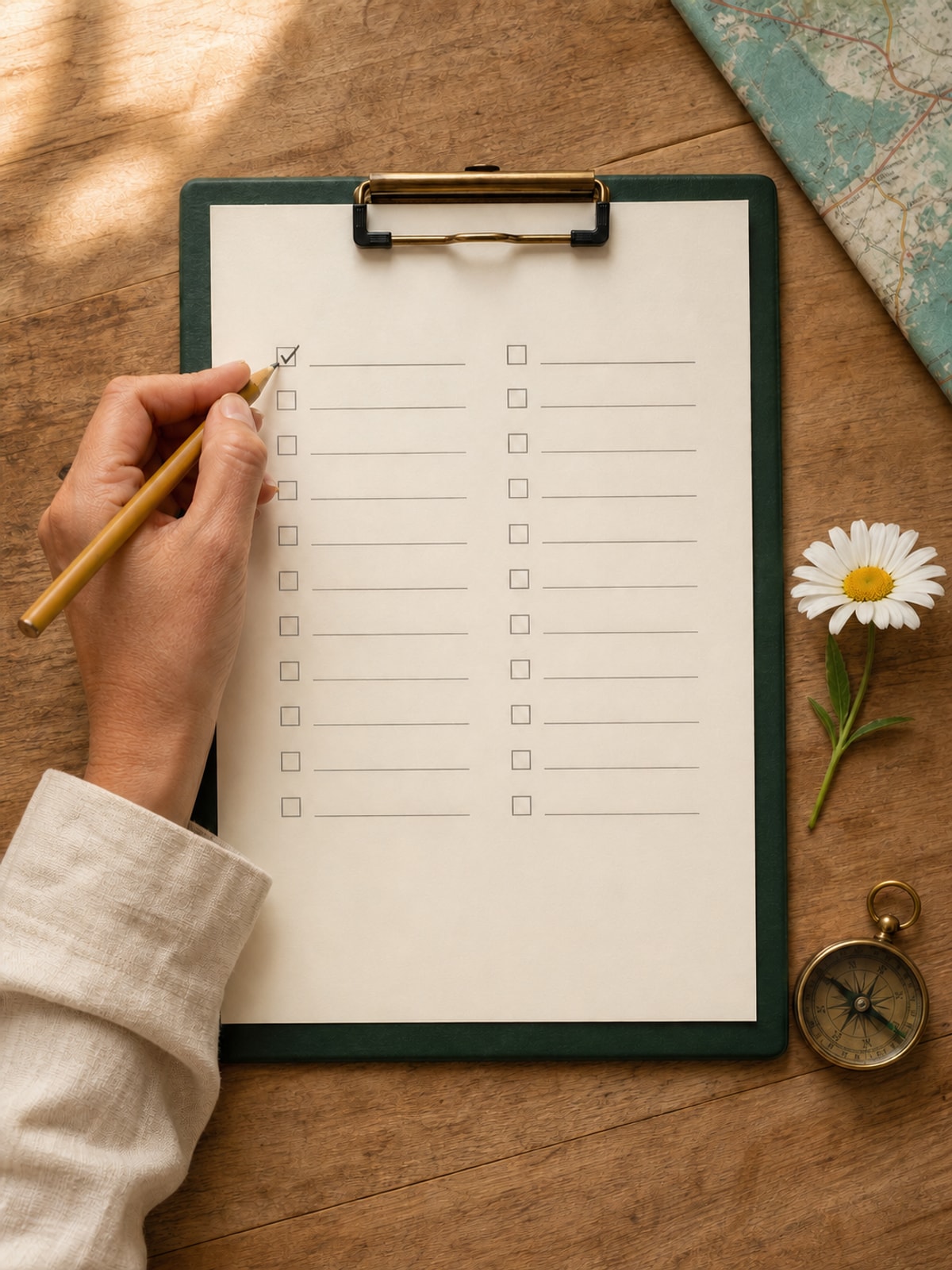 Una mano verifica una checklist accanto alla mappa
