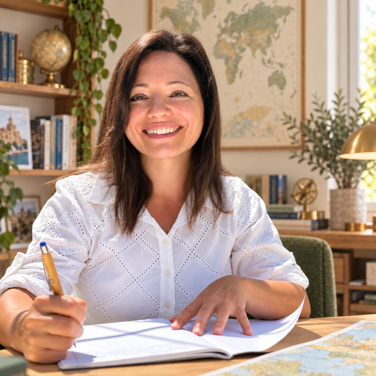 Silvia sorride nello studio, con penna e quaderno sul tavolo