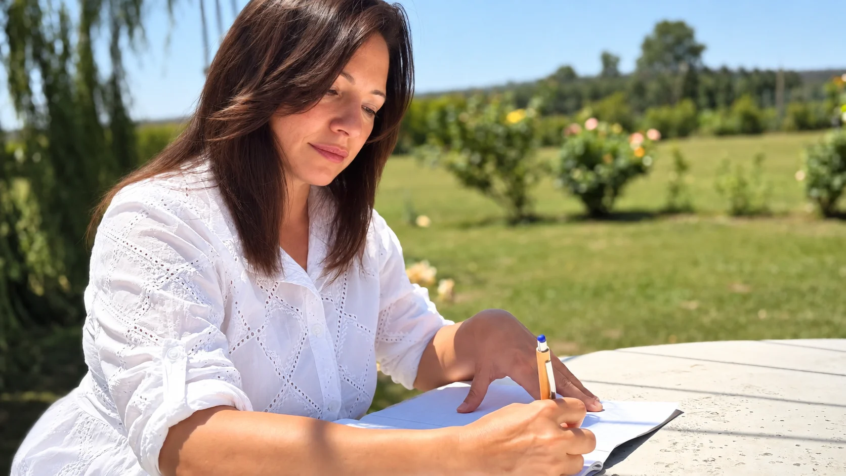 Silvia progetta un itinerario sul quaderno, in giardino
