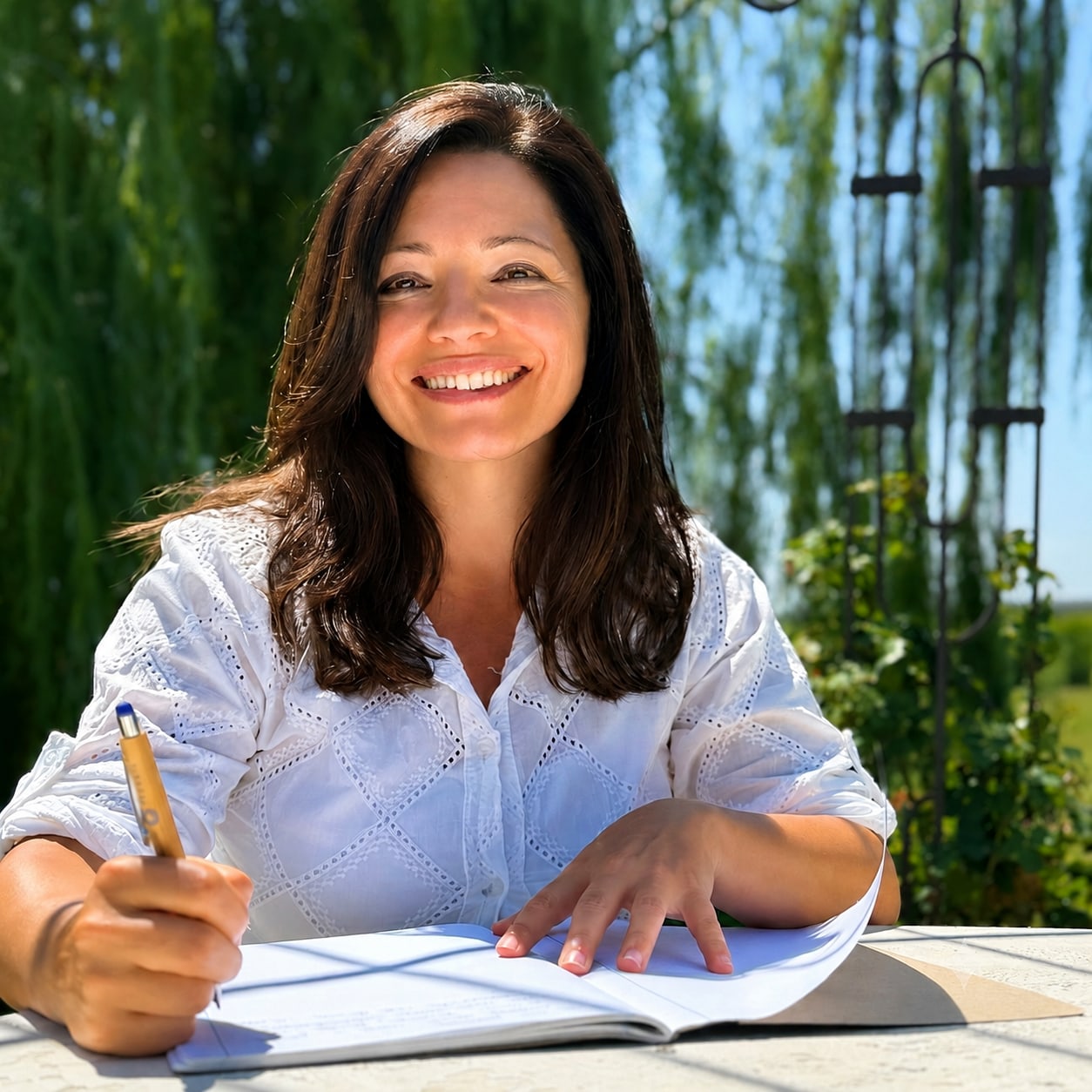 Silvia sorride con la penna in mano sul quaderno aperto: pronta ad ascoltare