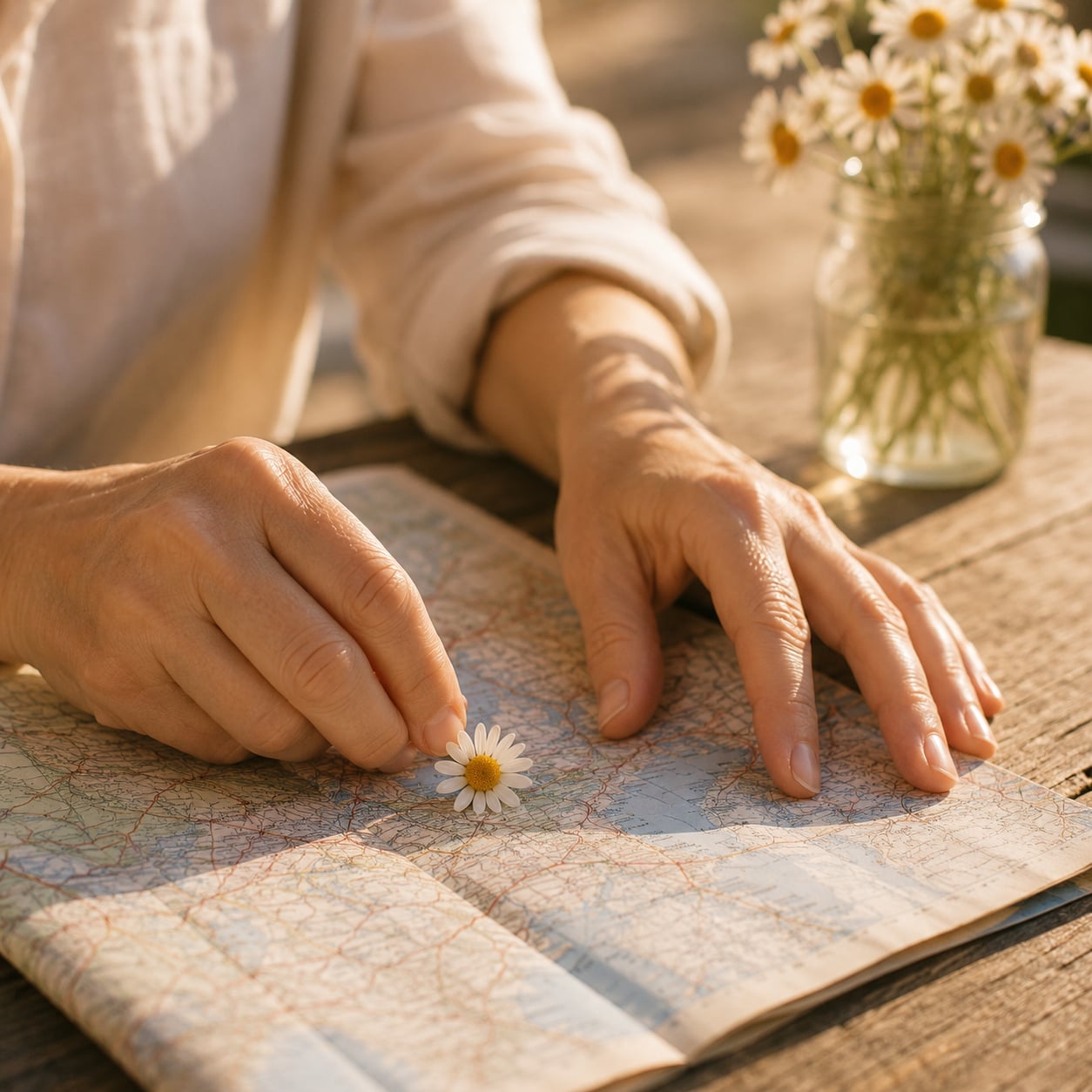 Le mani di Silvia posano una margherita fresca su un punto preciso di una mappa stradale aperta, sul tavolo di legno un vasetto di margherite