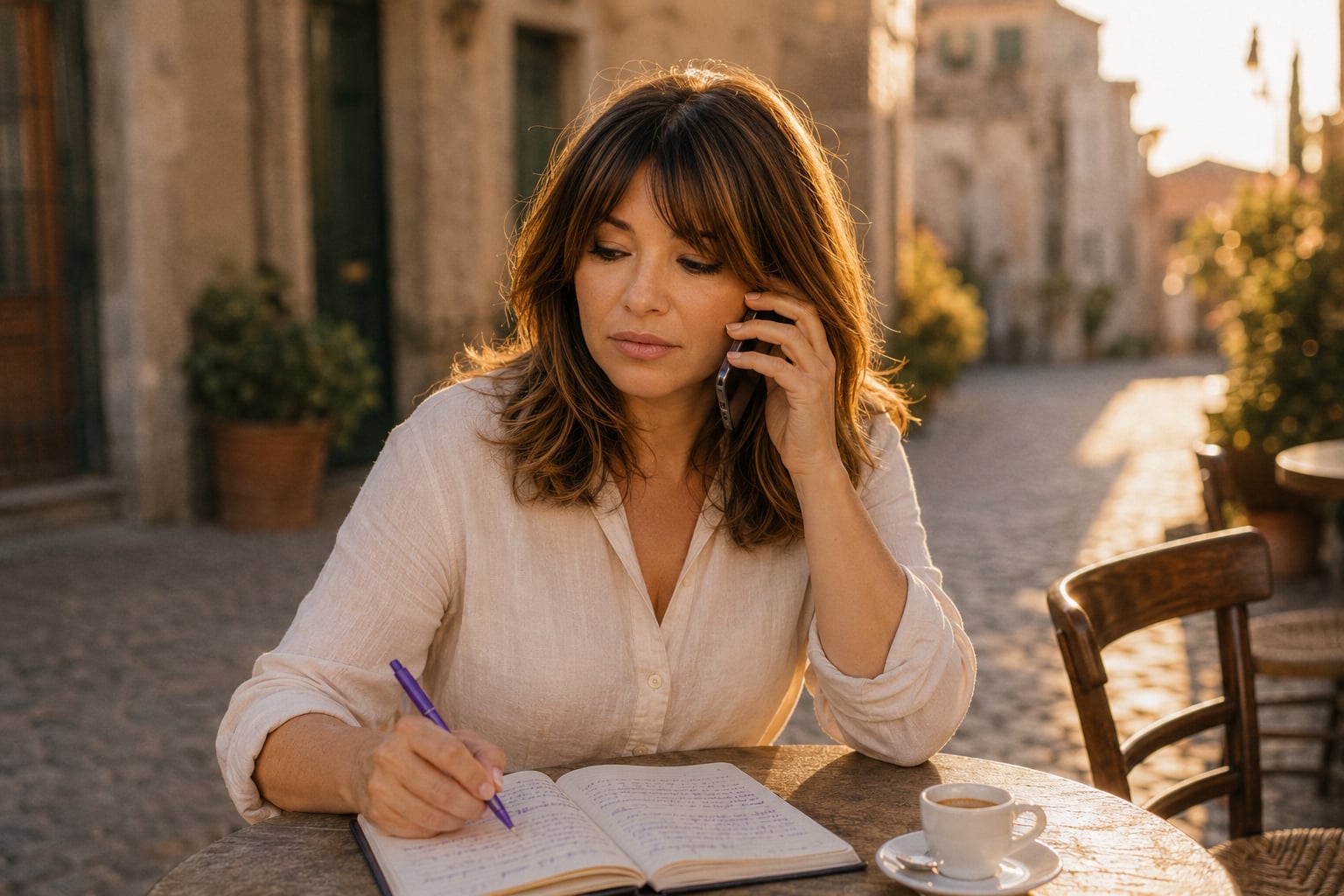 Silvia al telefono a un tavolino di bar al tramonto, mentre la mano destra prende appunti sul quaderno con la penna viola senza guardare la pagina